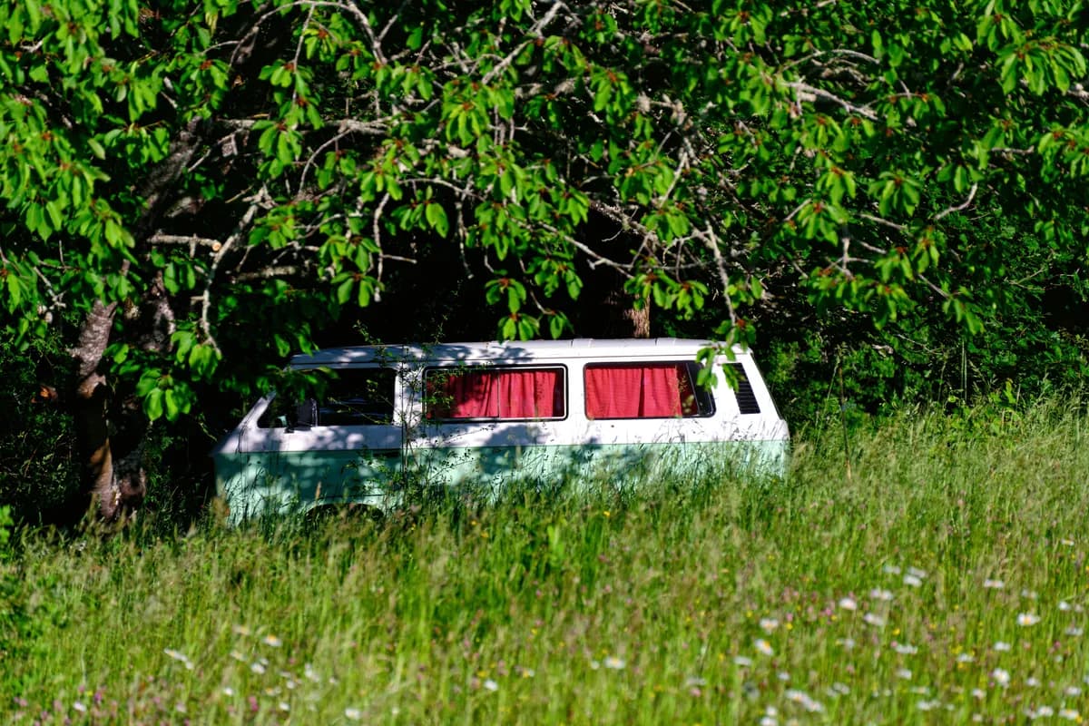 Imagen de ejemplo de BookNoFees: una furgoneta camper blanca con cortinas rojas en un prado verde
