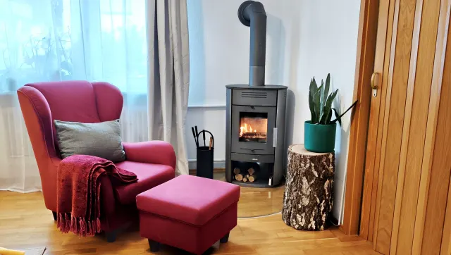 BookNoFees: alojamiento de vacaciones en Bensheim – Sala con estufa de leña, sillón rosa y mesita auxiliar hecha de un tocón de árbol