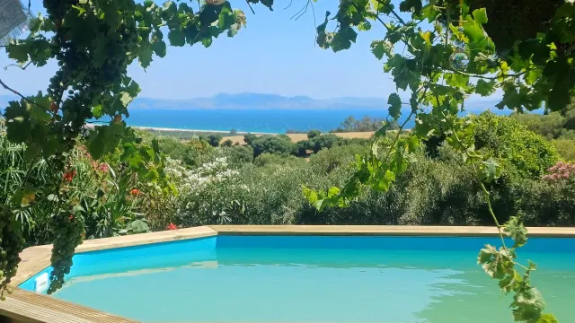 BookNoFees: alojamiento de vacaciones en Tarifa – Piscina con terraza de madera y vista al mar a través de las vides