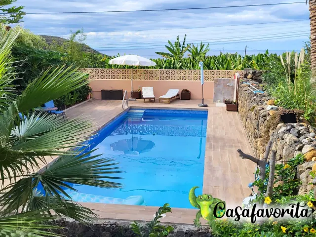 BookNoFees: alojamiento de vacaciones en Buen Paso – Terraza con alberca, con tumbonas, sombrilla y vista al mar